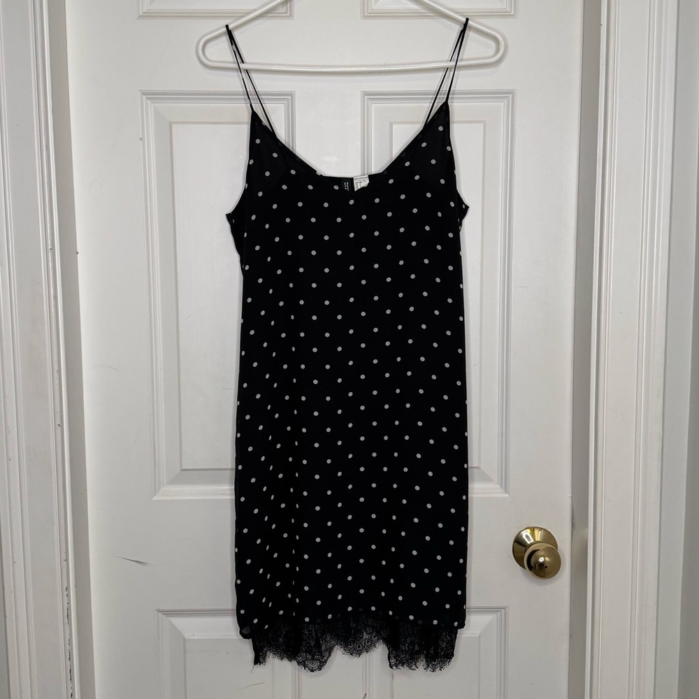 H&M Polka Dot Slip Dress Lace Hem Size 8 Black White